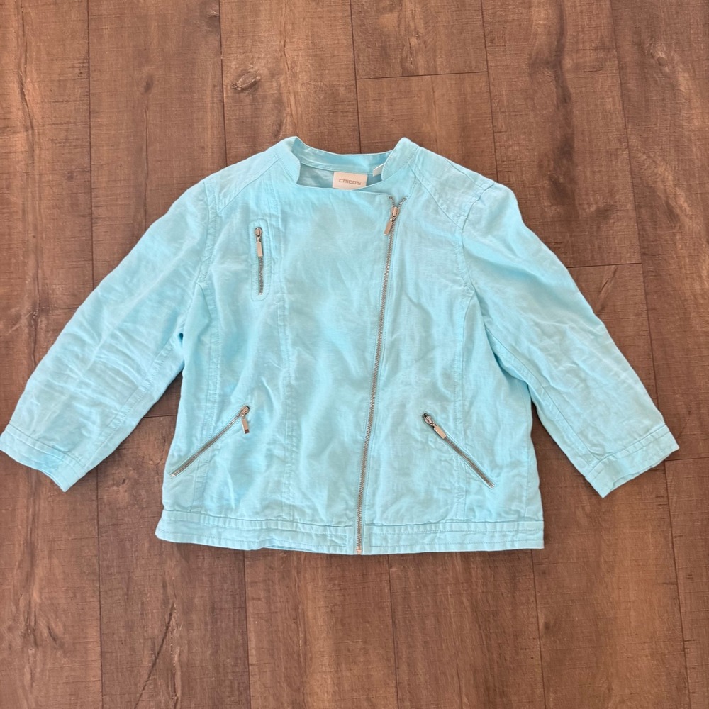 Chico's Linen Moto Jacket Women 1 Aqua Blue biker chic Asymmetric Zip 3/4 Sleeve